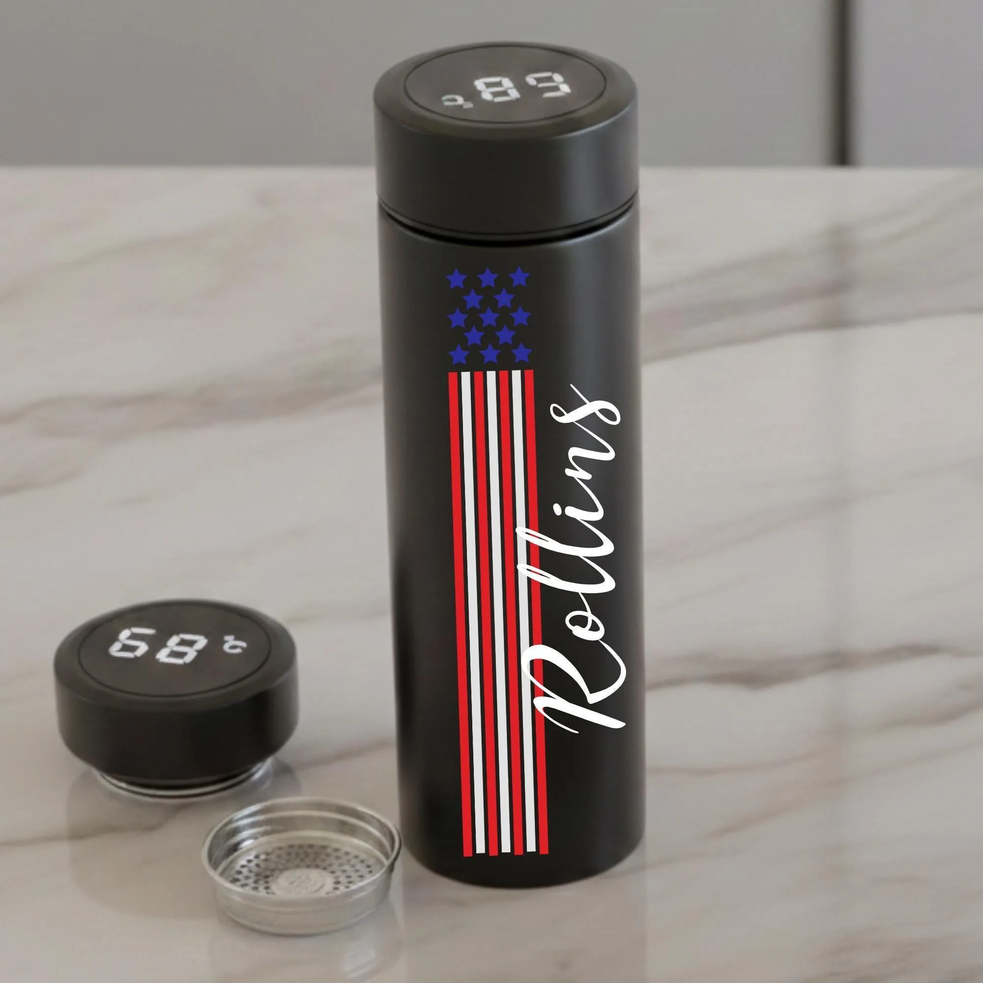 Personalized Tumbler, American Flag Design, Smart Temperature Display, Patriotic Gift for Dad