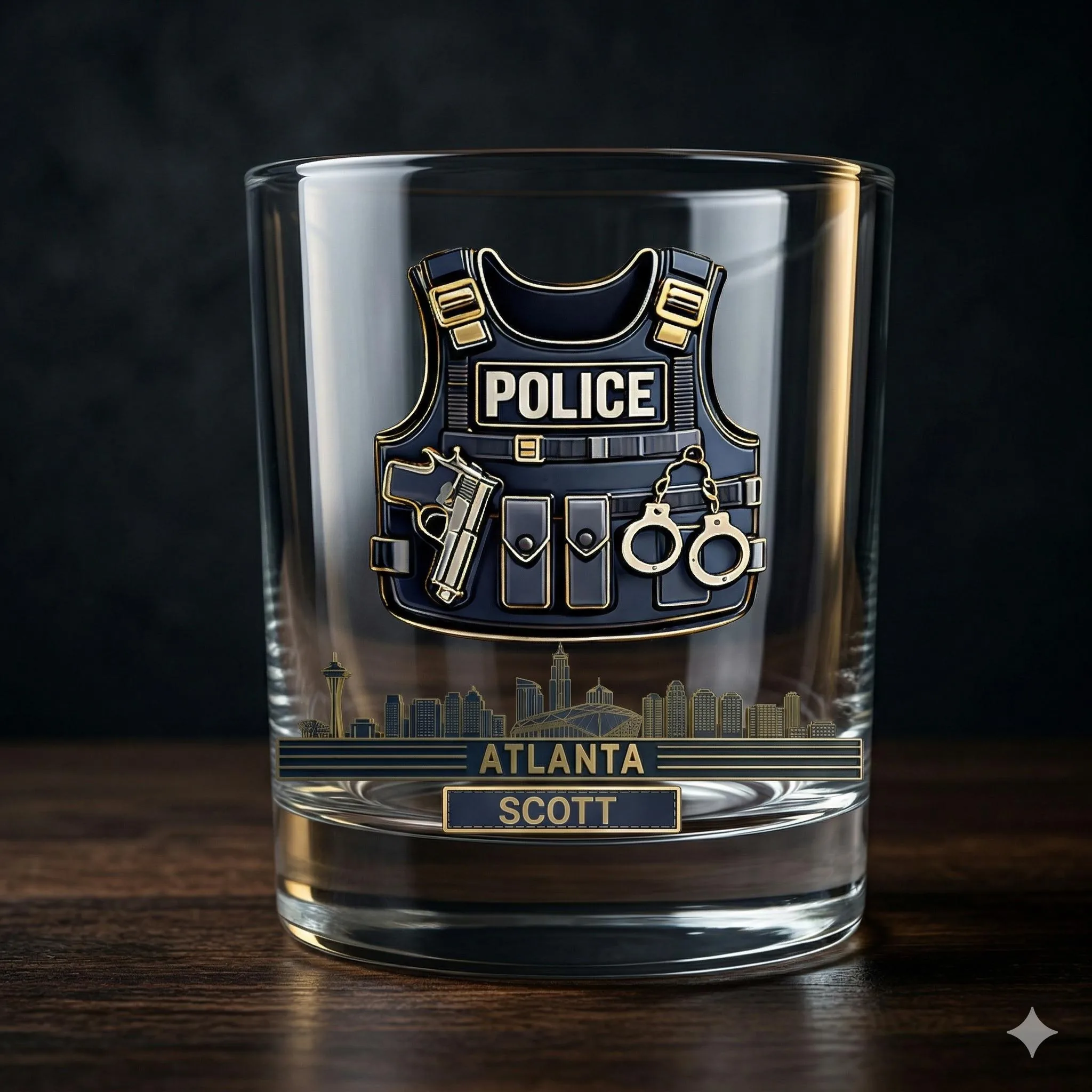 Personalized First Responder Whiskey Glass, Atlanta or Philadelphia Skyline, Service Gift