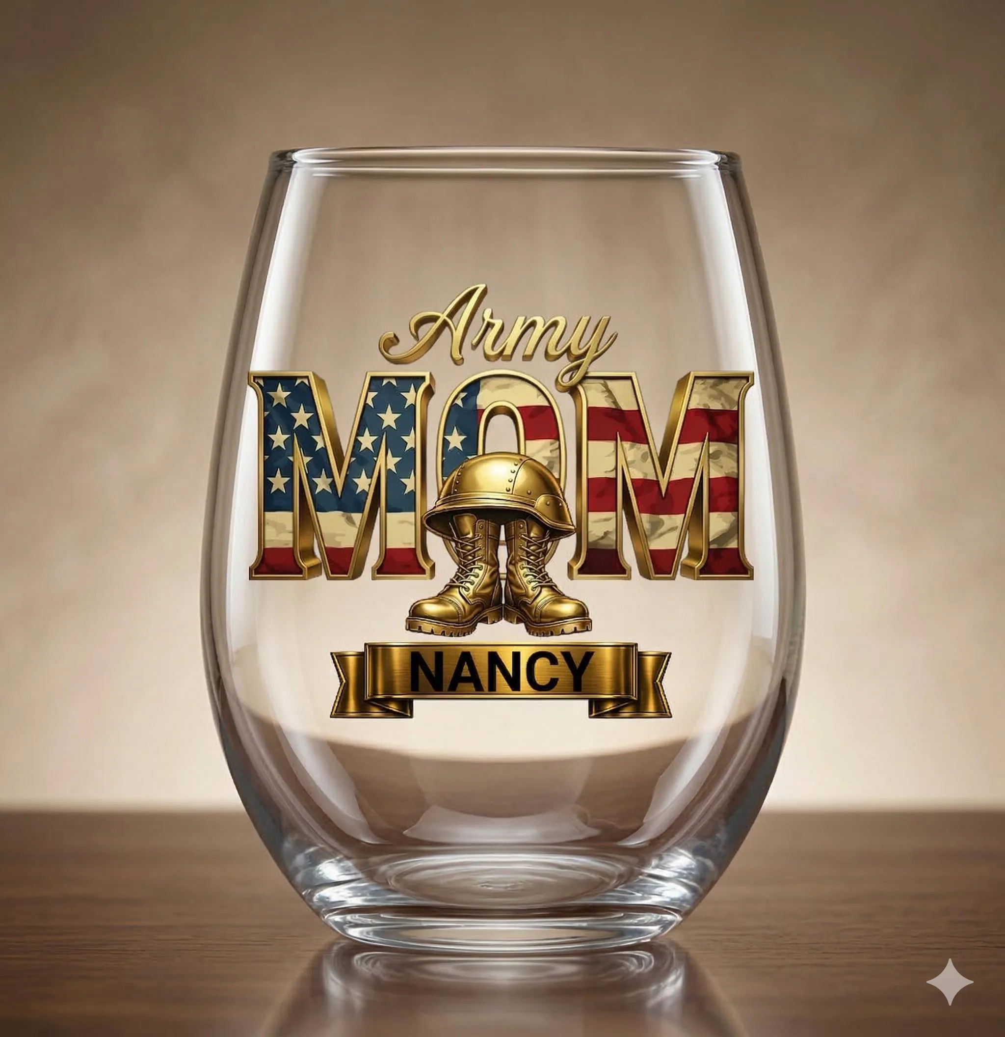 Personalized Service Mom Wine Glass, Custom Name Patriotic Gift, Veteran Family Stemware, Hero Family